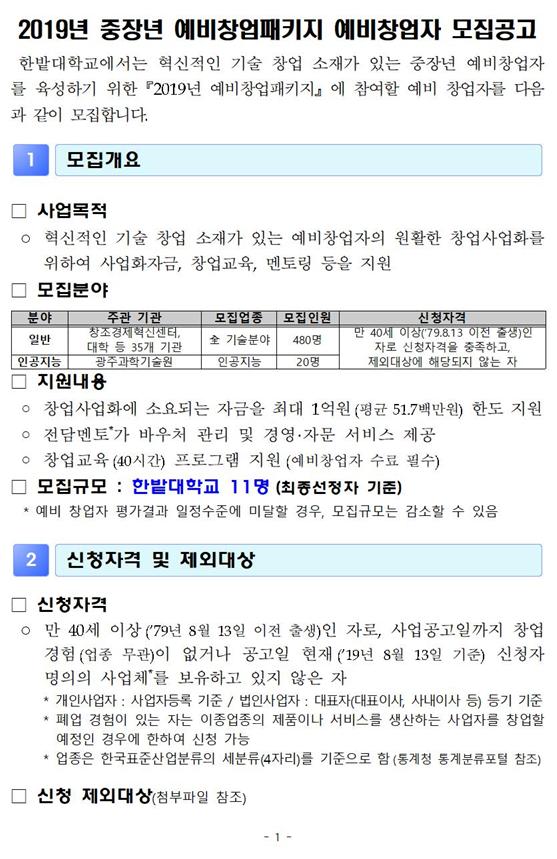 2019년 중장년 예비창업패키지 예비창업자 모집 공고1