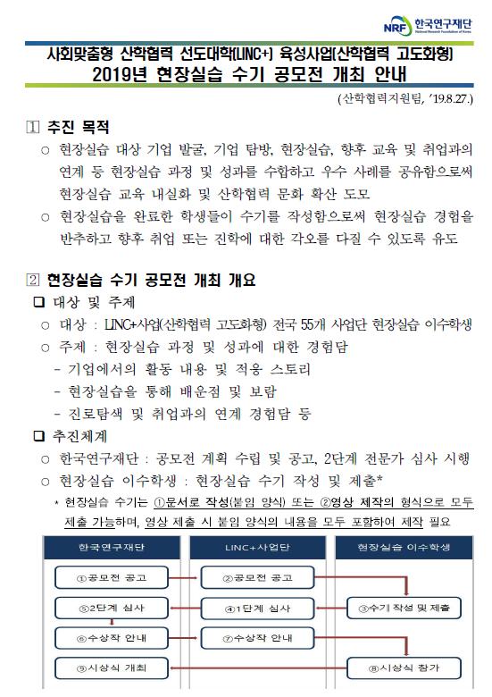 사회맞춤형 산학협력선도대학(LINC+)육성사업 현장실습 수기 공모전