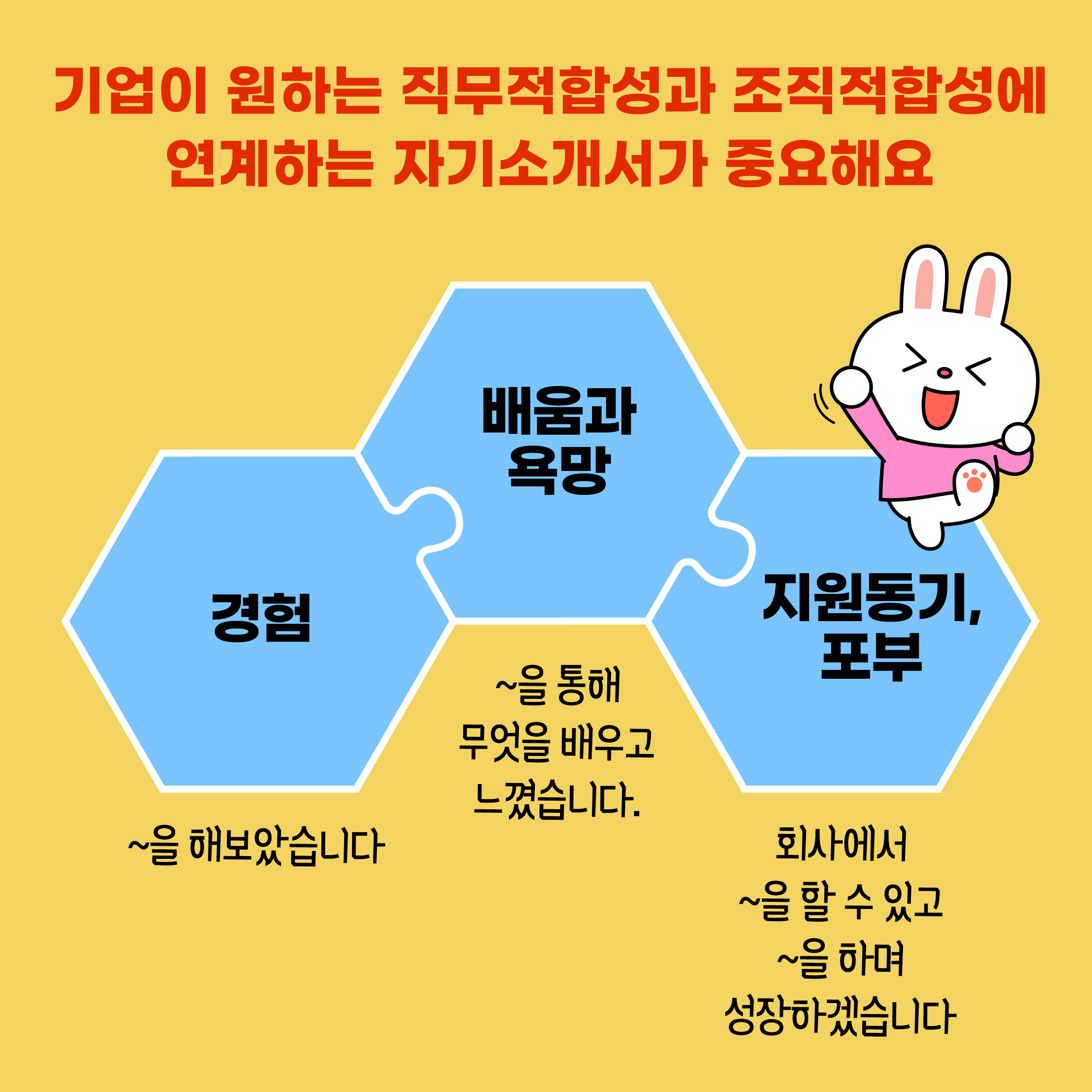 기업이 원하는 직무적합성과 조직적합성에 연계하는 자기소개서가 중요해요 경험(~을 해보았습니다), 배움과 욕망(~을 통해 무엇을 배우고 느꼈습니다), 지원동기, 포부(회사에서~을 할 수 있고 ~을 하며 성장하겠습니다)