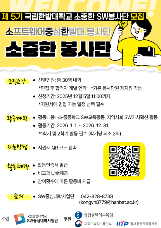 제5기 국립한밭대학교 소중한 SW봉사단 모집 소프트웨어중심한밭대 봉사단 소중한 봉사단 모집요강 선발인원: 총 30명 내외 *면접 후 합격자 개별 연락 *기존 봉사단원 재지원 가능 신청기간: 2025년 12월 5일 11:00까지 *지원서에 면접 가능 일정 선택 필수 활동계획 활동내용: 초&middot;중등학교 SW교육활동, 지역사회 SW가치확산 활동 활동기간: 2026.1.1.~2026. 12. 31. *1학기 및 2학기 활동 필수 (학기당 최소 2회) 지원방법 : 지원서 QR 코드 접속 https://forms.gle/skEY2xKe3gcm7t3Q9 활동혜택 : 활동인증서 발급, 비교과 Unit제공, 참여횟수에 따른 활동비 지급 문의 : SW중심대학사업단 042-828-8738 (kongyh8779@hanbat.ac.kr) 주관 : 국립한밭대학교 SW중심대학사업단 후원 : 대전광역시교육청, 과학기술정보통신부, IITP 정보통신기획평가원